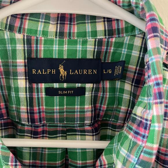 Ralph Lauren Slim Fit Shirt Mens L Green Purple White Plaid Short Sleeve Cotton - Picture 5 of 8
